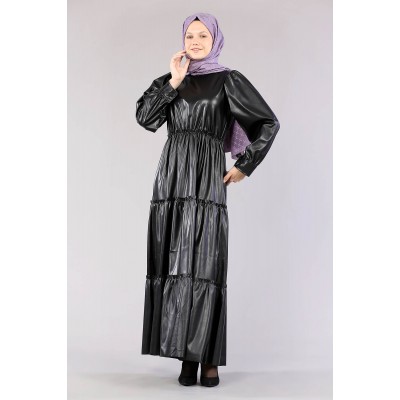 Tekbir 5055 Leather Layered Dress Black Tekbir 5055 Leather Layered Dress Black
