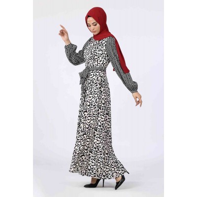 Tekbir Square Pattern Belted Dress Tekbir Square Pattern Belted Dress