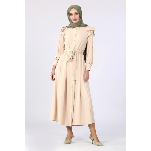 Tekbir Ikoll Collar and Sleeves Stone Detailed Dress