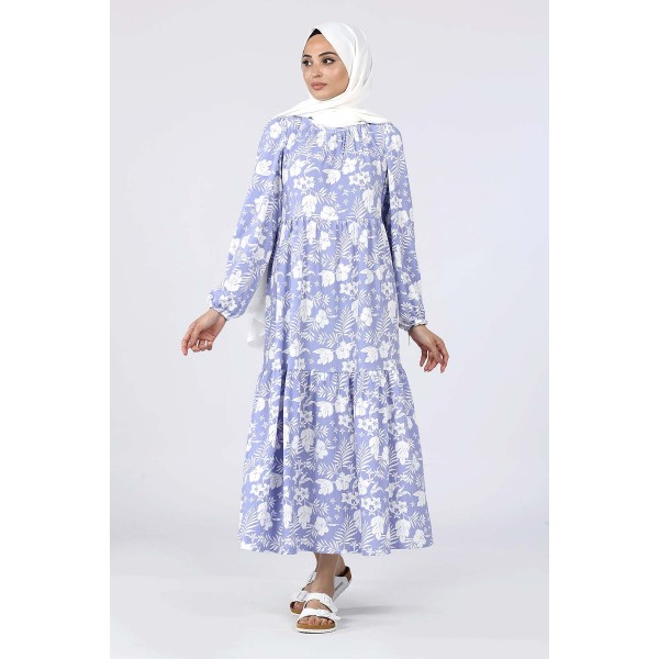 Tekbir Floral Patterned Dress With Elastic Sleeves