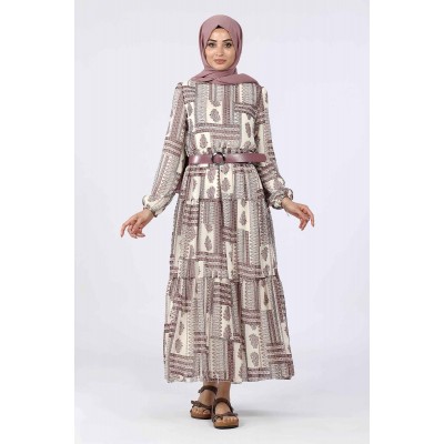 Tekbir Aşk Şima Square Stripe Patterned Floral Dress Tekbir Aşk Şima Square Stripe Patterned Floral Dress