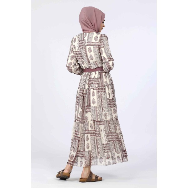 Tekbir Aşk Şima Square Stripe Patterned Floral Dress