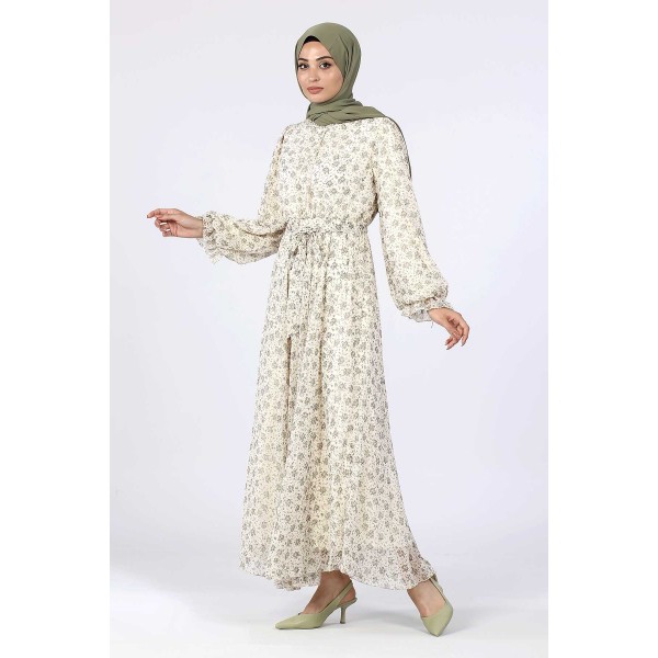 Tekbir Aşkı Şima Frill Sleeves Belted Dress Green