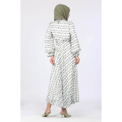 Tekbir Aşkı Şima Leaf Patterned Waist Belted Dress Tekbir Aşkı Şima Leaf Patterned Waist Belted Dress