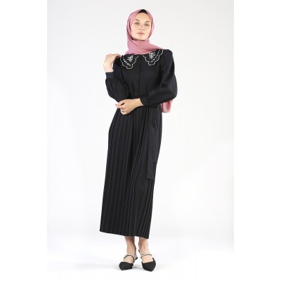 Tekbir Embroidered Collar Dress Black Tekbir Embroidered Collar Dress Black