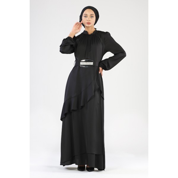 Tekbir Belted Evening Dress Black