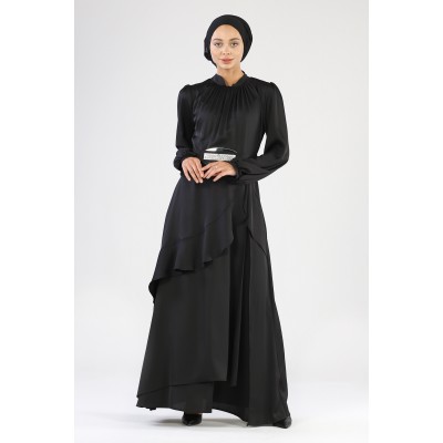 Tekbir Belted Evening Dress Black Tekbir Belted Evening Dress Black