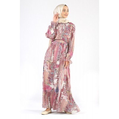 Tekbir Floral Patterned Chiffon Dress Red Tekbir Floral Patterned Chiffon Dress Red