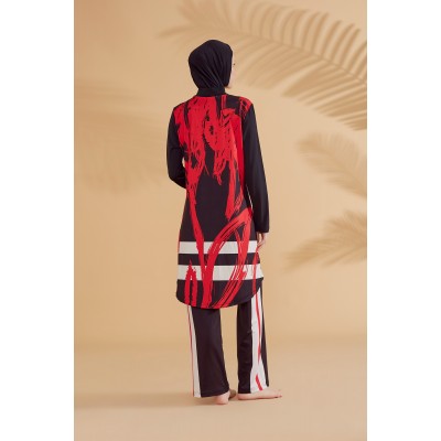 مايوه بوركيني مارينا منقوش أسود كامل مغلق بالكامل M2303 مايوه بوركيني مارينا منقوش أسود كامل مغلق بالكامل M2303