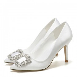 أحذية الزفاف المرأة الحرير Stiletto كعب مغلق مضخات إصبع القدم مع كريستال