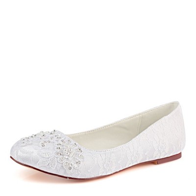 أحذية الزفاف المرأة الدانتيل حريري الساتان شقة كعب مغلق الشقق مع الترتر الخياطة