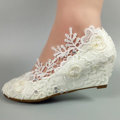 Wedding Shoes Women's Leatherette Wedge Heel Closed Toe Wedges With Sewing Lace Wedding Shoes Women's Leatherette Wedge Heel Closed Toe Wedges With Sewing Lace