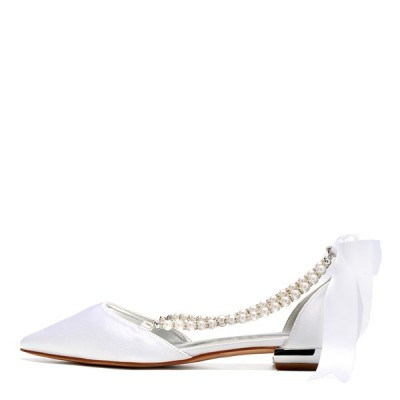 Wedding Shoes Women's Satin Flat Heel Closed Toe Flats Sandals With Pearl Wedding Shoes Women's Satin Flat Heel Closed Toe Flats Sandals With Pearl