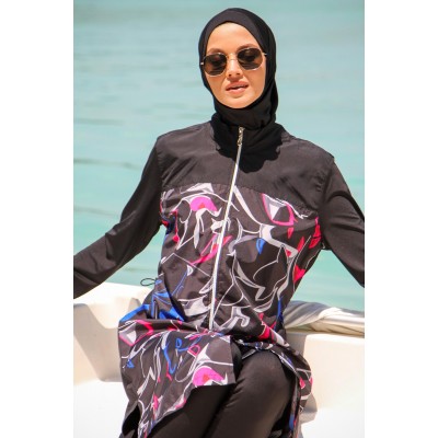 Mayo burkini Marina Black Women's Pattern Detailed Design Hijab Swimsuit M2266 Mayo burkini Marina Black Women's Pattern Detailed Design Hijab Swimsuit M2266
