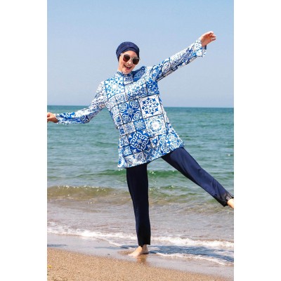 Mayo burkini Marina Navy Blue Tile Pattern Design Fully Covered Hijab Swimsuit 1950 Mayo burkini Marina Navy Blue Tile Pattern Design Fully Covered Hijab Swimsuit 1950