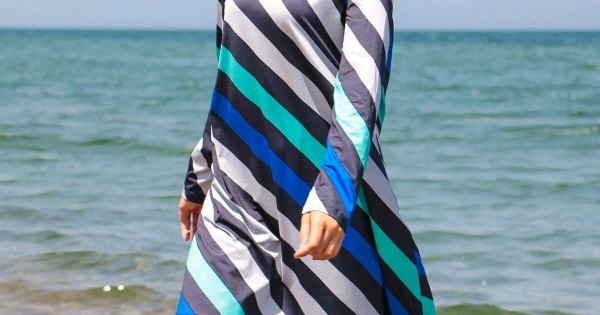 Mayo burkini Marina Navy Blue Striped Design Fully Covered Hijab Swimsuit  1953 - burkini-1227