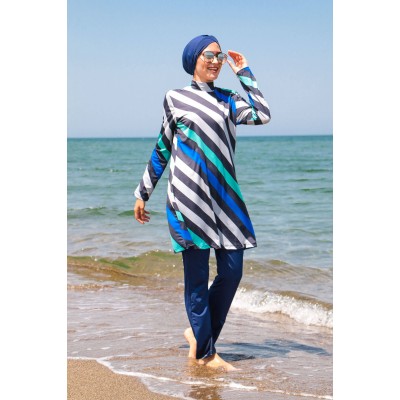 Mayo burkini Marina Navy Blue Striped Design Fully Covered Hijab Swimsuit 1953 Mayo burkini Marina Navy Blue Striped Design Fully Covered Hijab Swimsuit 1953