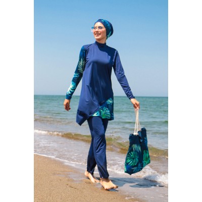 Mayo burkini Marina Navy Blue Women's Leaf Pattern Detailed Design 3 Piece Hijab Swimsuit M2125 Mayo burkini Marina Navy Blue Women's Leaf Pattern Detailed Design 3 Piece Hijab Swimsuit M2125