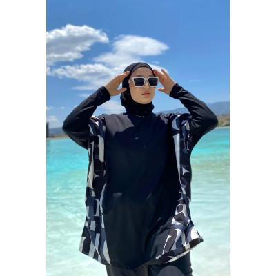 Mayo burkini Marina Black Women's Pattern Detailed Design Hijab Swimsuit M2277 Mayo burkini Marina Black Women's Pattern Detailed Design Hijab Swimsuit M2277
