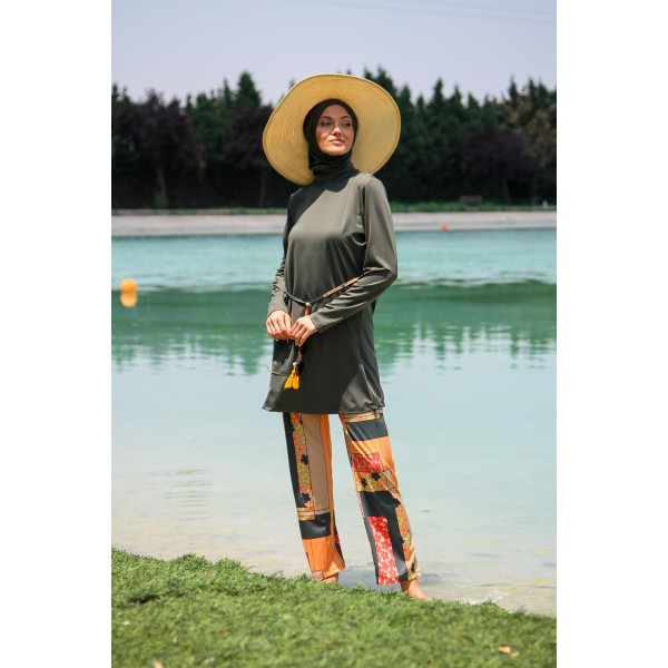 Mayo burkini Marina Khaki Women's Waist Tie Detailed Patterned Design Hijab Swimsuit M2226