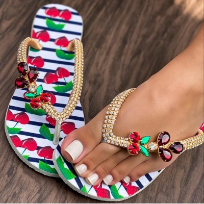 White women slippers, decorated with red and green, decorated with stones White women slippers, decorated with red and green, decorated with stones