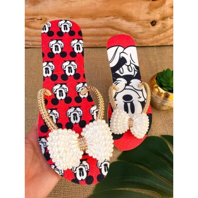 Red women slippers with a bow decorated with pearl Red women slippers with a bow decorated with pearl
